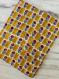 Mustard Yellow Checkered Floral Cotton Fabric, Hand Block Print Fabric, Red Flower Indian Cotton, Geometric Floral Textile, Sewing Fabric