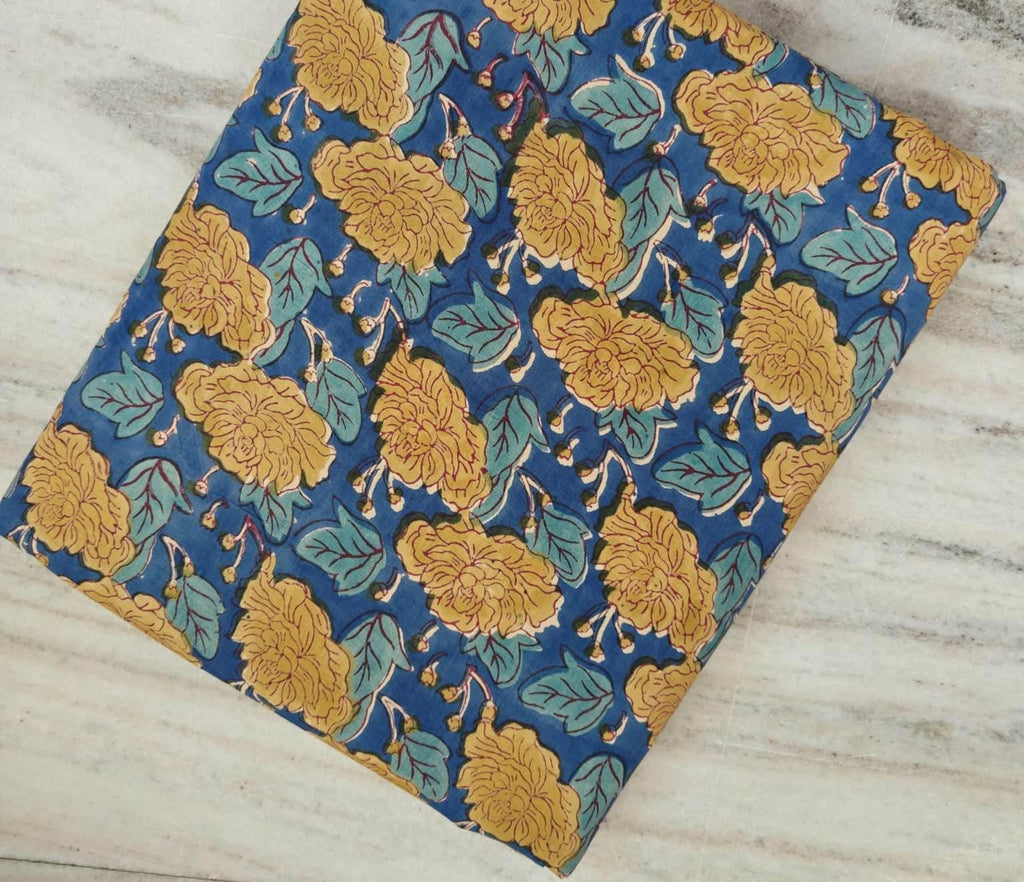 Blue Yellow Floral Cotton Fabric | Indian Block Print Fabric by Yard | Handmade Cotton Textile | Quilting Sewing Craft Dressmaking Fabric