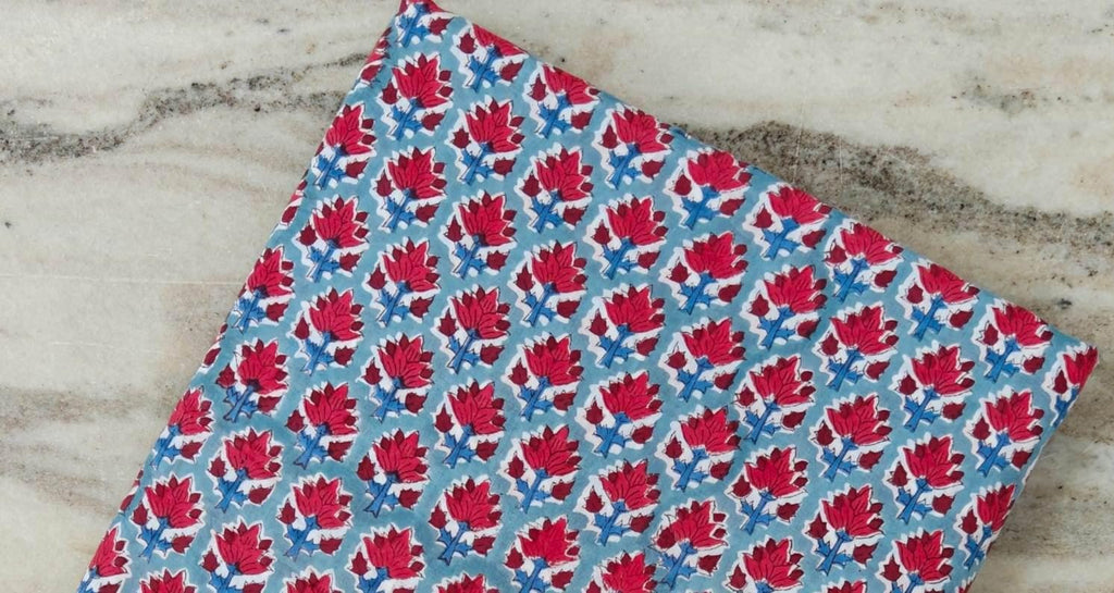 Red Lotus Floral Cotton Fabric, Hand Block Print Fabric by the Yard, Indian Soft Cotton for Quilting, Sewing, Dressmaking, Home Decor