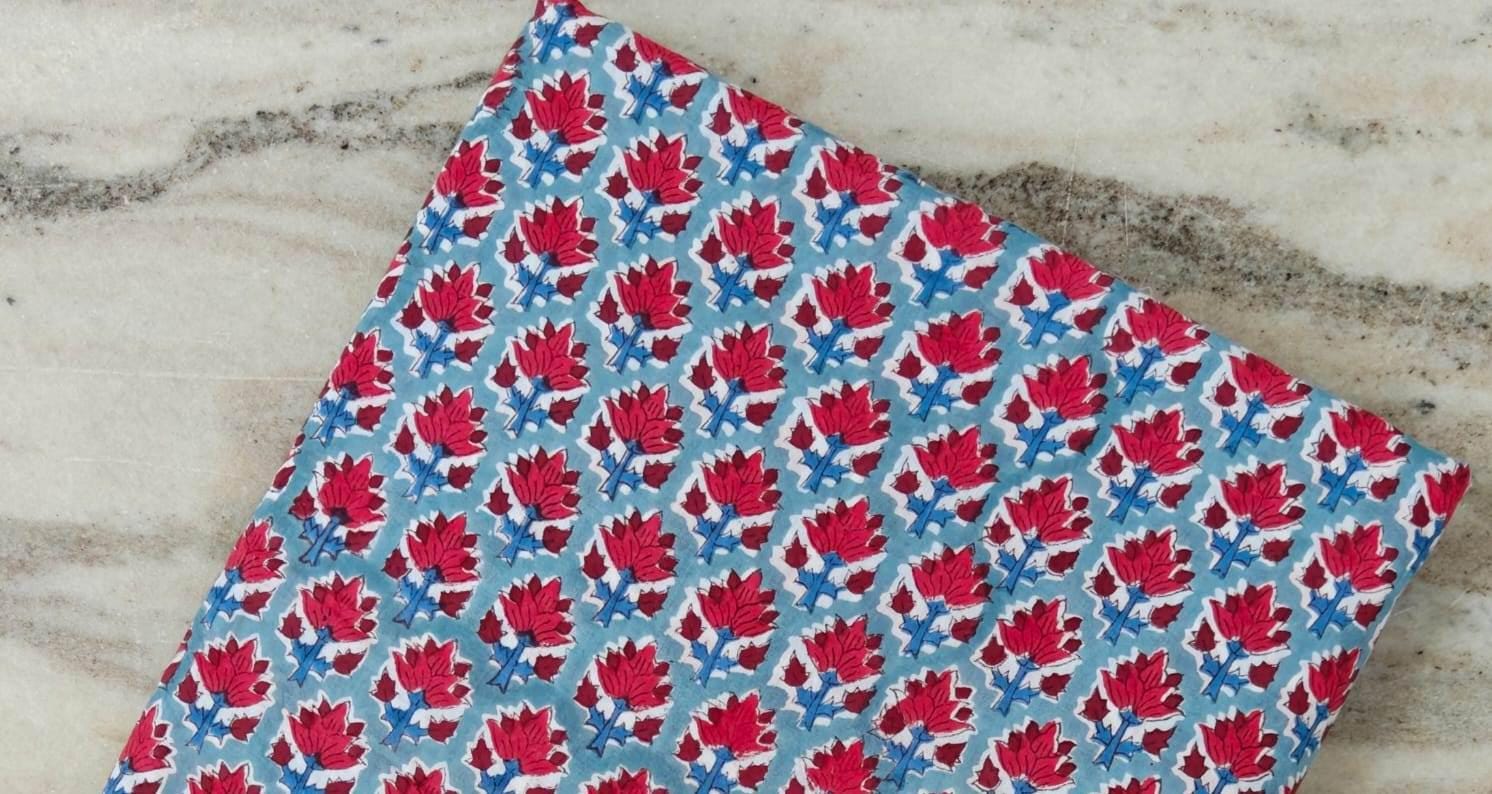 Red Lotus Floral Cotton Fabric, Hand Block Print Fabric by the Yard, Indian Soft Cotton for Quilting, Sewing, Dressmaking, Home Decor