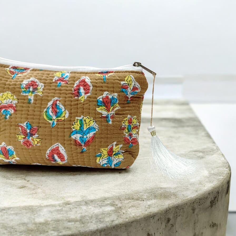 Handmade Quilted Zipper Pouch | Flower Print Cosmetic Bag | Coin Purse | Cute Travel Pouch