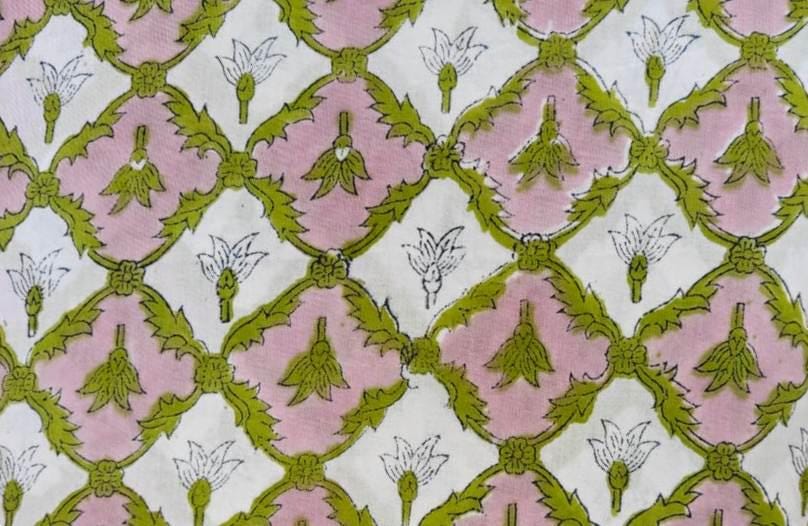 Pink Floral Hand Block Print Cotton Fabric, Indian Cotton Fabric by Yard, Green Vine Flower Print Fabric, Soft Cotton for Dress Making