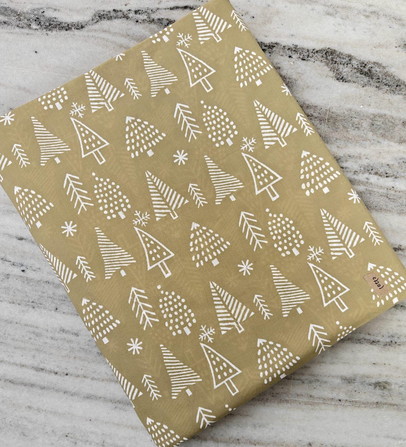 Christmas Cotton Fabric with White Tree Print, Holiday Block Print Fabric by the Yard, Quilting, Sewing, Festive Crafts & Home Decor