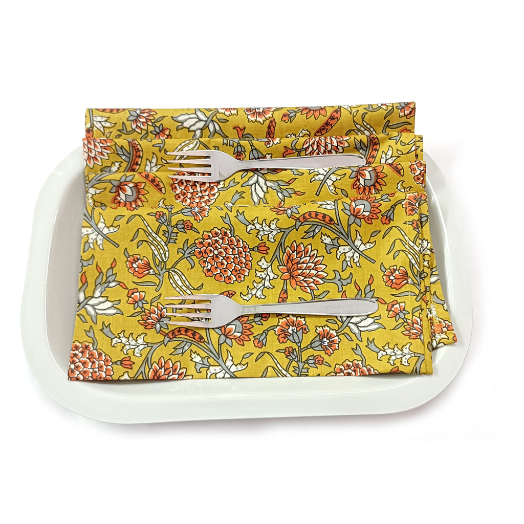 Yellow Floral Block Print Cotton Napkins: Scalloped Dinner Napkins (Set of 4)