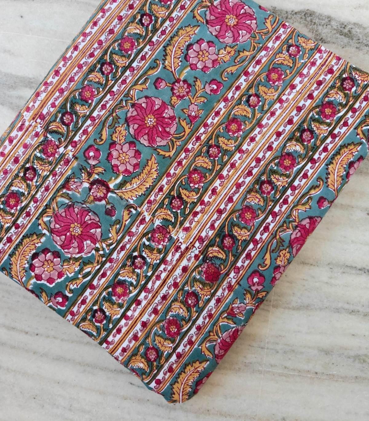 Teal Floral Cotton Fabric, Indian Block Print Fabric, Pink Flower Stripe Fabric, Boho Upholstery Fabric Quilting Sewing Craft Fabric by Yard