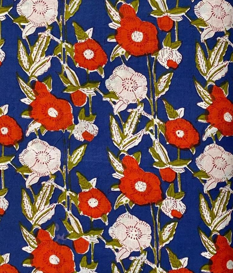 Navy Blue Floral Cotton Fabric by Yard, Red White Flower Print Fabric, Indian Block Print Cotton, Quilting Sewing Dressmaking Craft Material