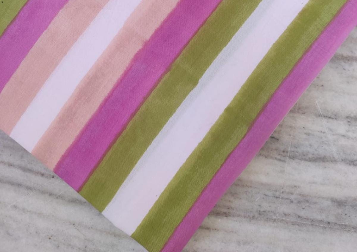 Striped Cotton Fabric by Yard | Pink Green Peach Hand Block Print | Soft Indian Cotton for Quilting, Dressmaking, Home Sewing Projects