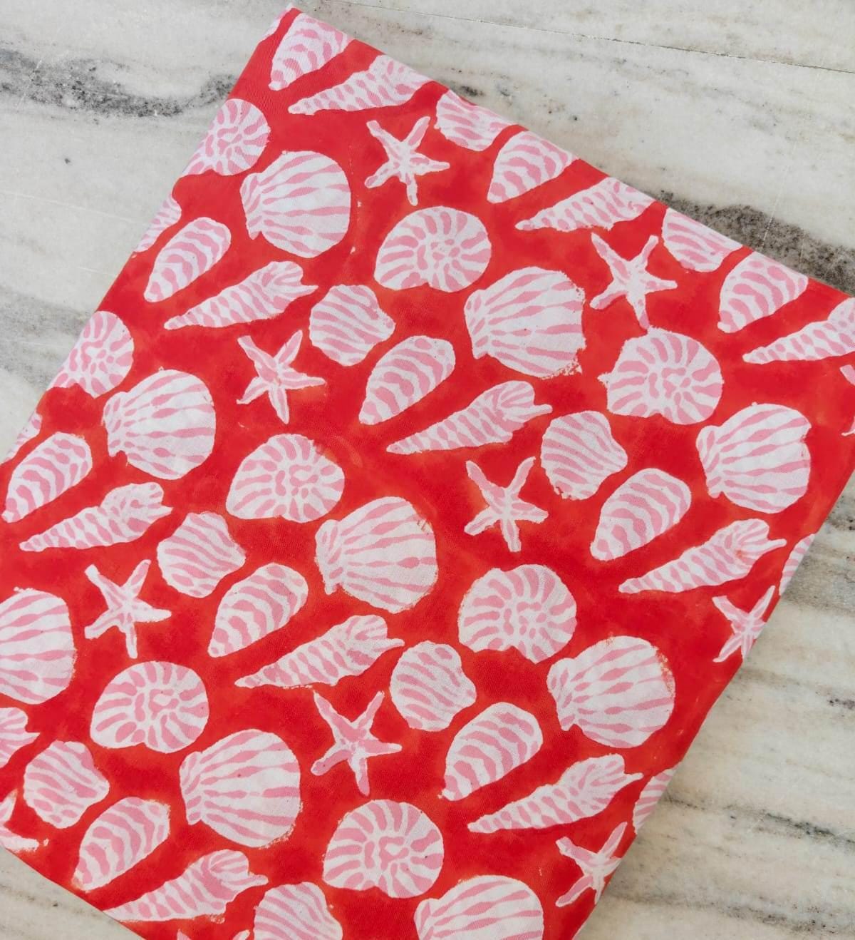 Seashell Cotton Fabric Red Beach Print Fabric Starfish Shell Pattern Summer Coastal Fabric Nautical Cotton Fabric Dressmaking Fabric Yard