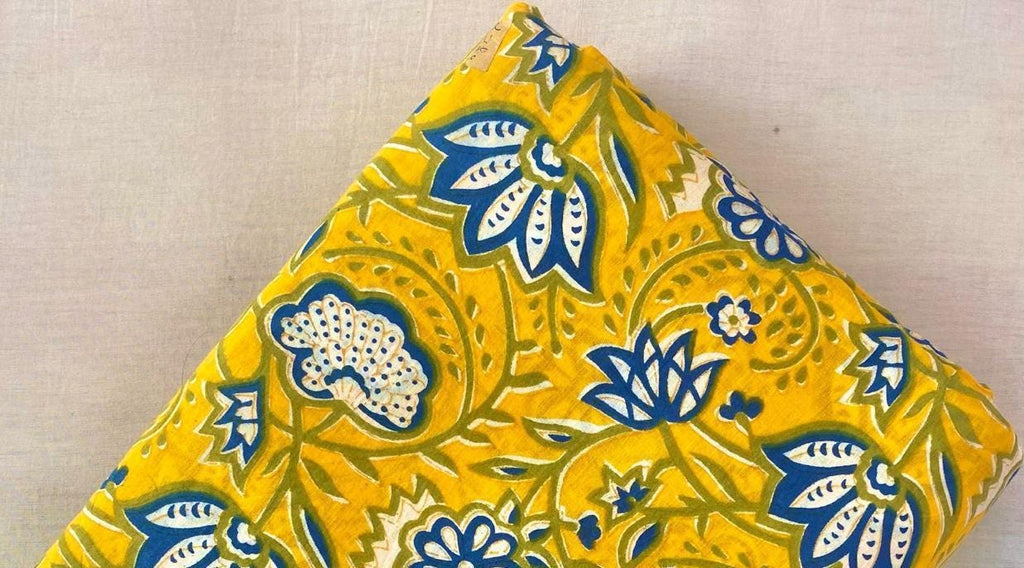 Yellow Indian Hand Block Print Fabric, 100% Cotton Quilting Fabric By The Yard, Fabric For Dress Making, Loose Running Fabric, Napkin Fabric