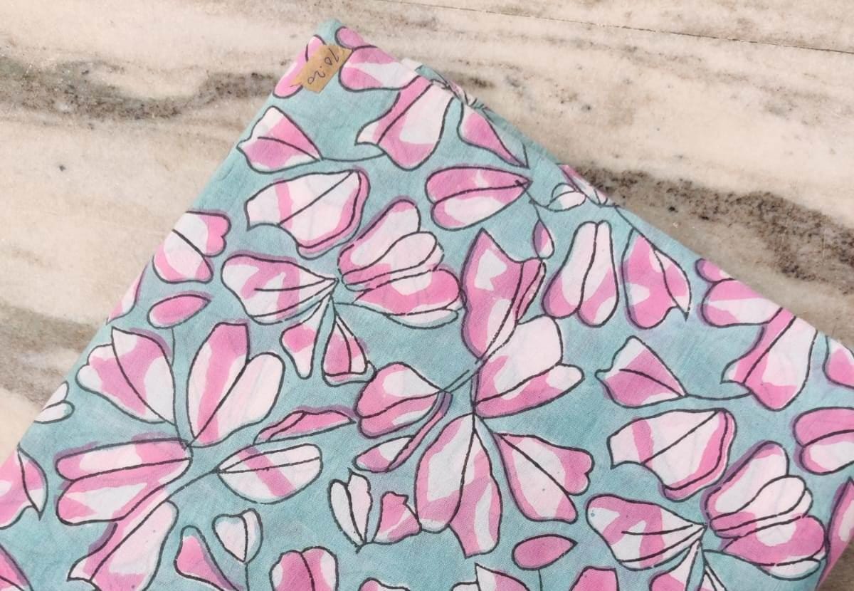 Aqua Blue Pink Floral Cotton Fabric, Soft Printed Cotton Material by the Yard, Quilting, Dressmaking, Hand Block Fabric, Textile Fabric