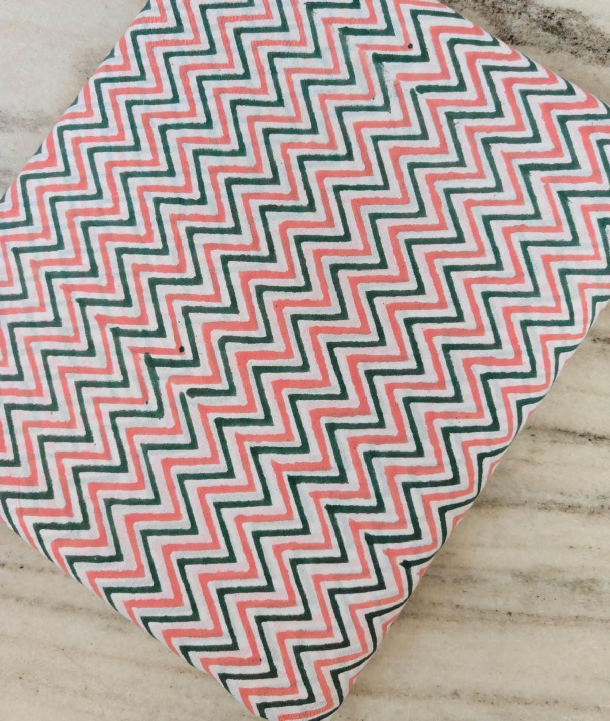 Coral and Green Chevron Cotton Fabric, Zig Zag Geometric Print, Modern Chevron Fabric by the Yard Quilting Cotton Trendy Sewing Craft Fabric