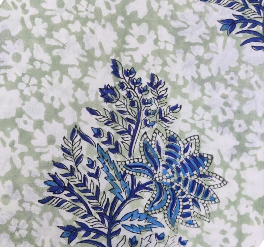Blue Floral Hand Block Print Cotton Fabric, Soft Indian Fabric by the Yard, White & Sage Green Background, Quilting, Dressmaking, Gift Ideas