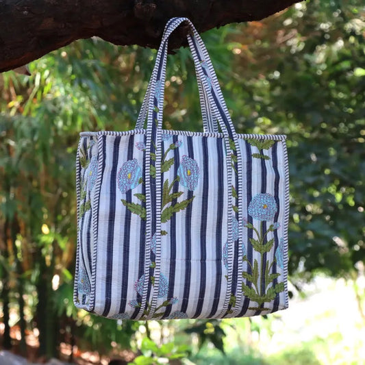 Handmade Quilted Floral Tote Bag | Striped Cotton Handbag | Everyday Carry Tote | Reusable Market Bag | Blue Flower Print Shoulder Bag