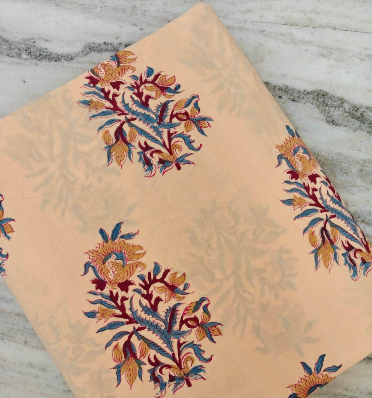 Peach Floral Cotton Fabric by the Yard, Indian Block Print Fabric, Boho Flower Print for Sewing, Quilting & Home Decor, Loose Running Fabric