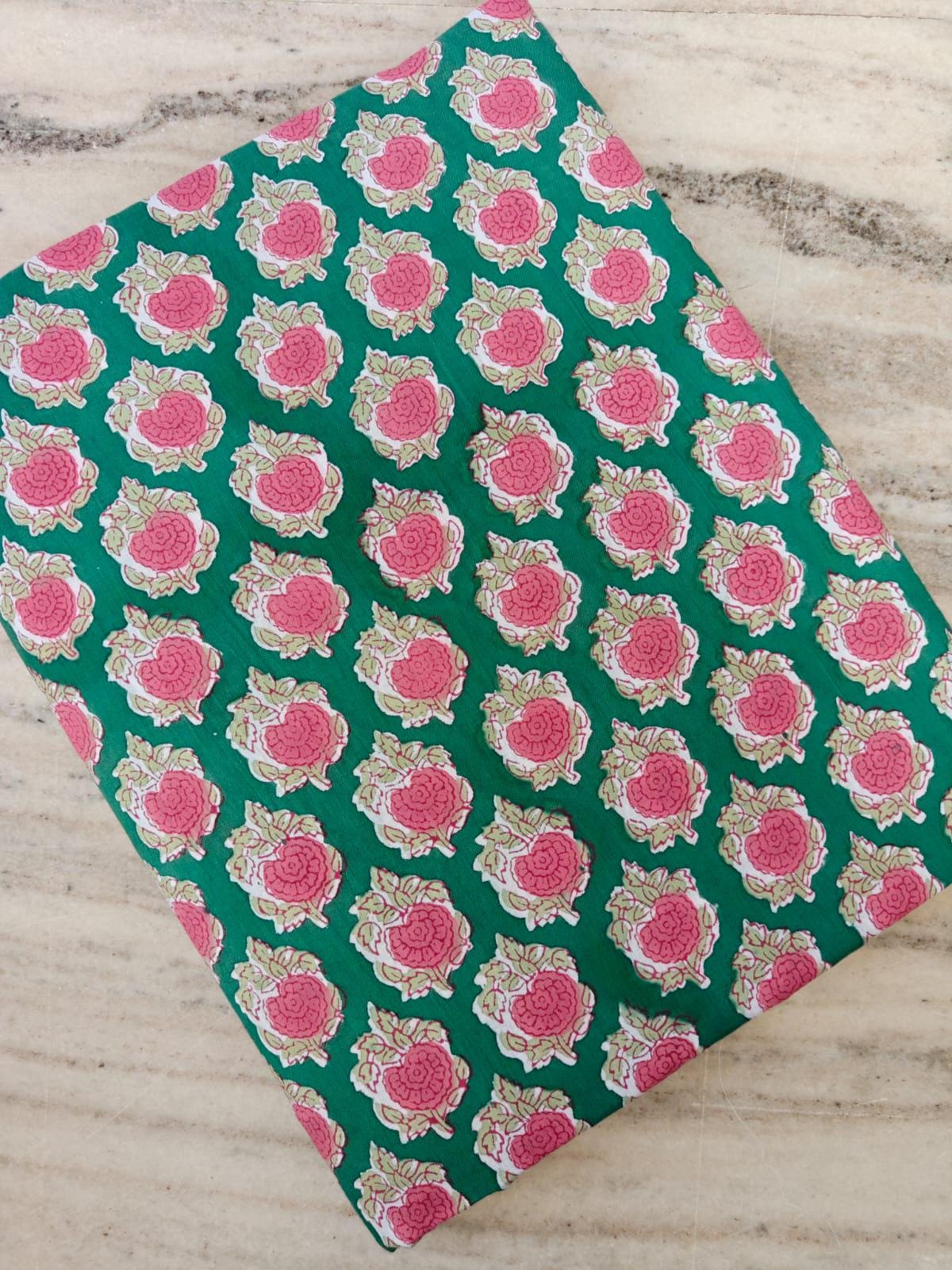 Green and Pink Rose Indian Hand Block Print Fabric 100% Cotton Quilting Fabric By The Yard, Dressmaking Fabric, Napkins Fabric, Loose Fabric