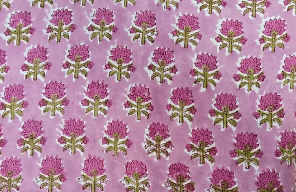 Pink Green Floral Cotton Fabric, Hand Block Print by the Yard, Indian Soft Cotton for Quilting, Dressmaking, Napkins Fabric, Buti Fabric