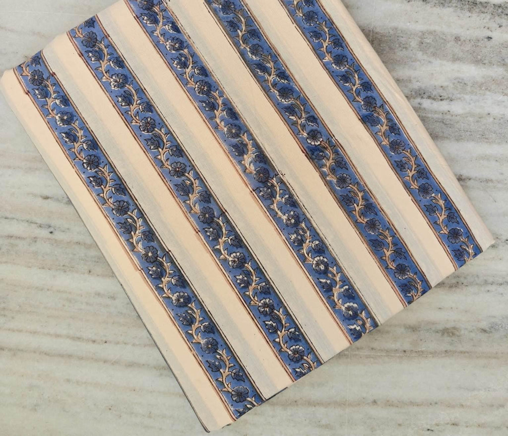 Indigo Blue Floral Stripe Block Print Cotton Fabric | Indian Handmade Cotton Textile | Quilting Craft Dress Fabric by Yard, Curtains Fabric