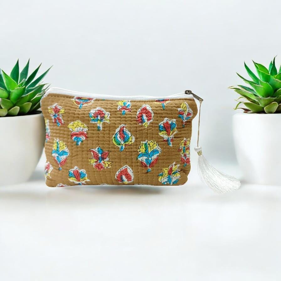 Handmade Quilted Zipper Pouch | Flower Print Cosmetic Bag | Coin Purse | Cute Travel Pouch