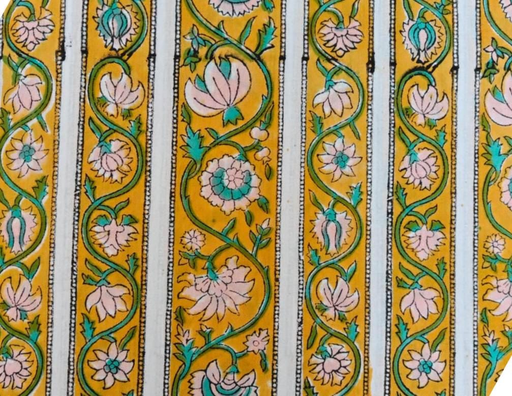 Yellow & White Floral Stripe Cotton Fabric by the Yard, Indian Block Print Cotton, Boho Border Print Fabric, Dressmaking Quilting Fabric