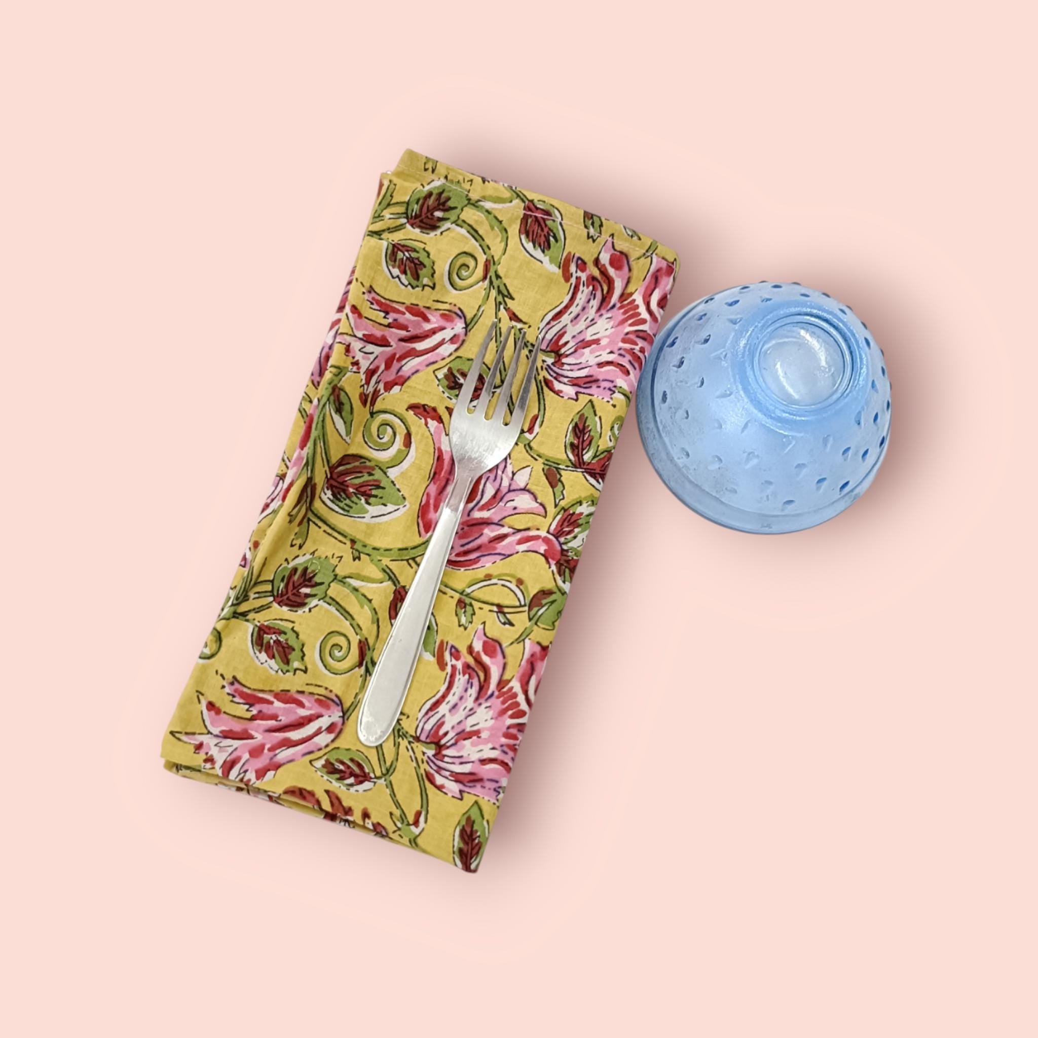 Yellow Floral Cotton Napkins | Hand Block Print Pink Flower Cloth Napkins | Reusable Dinner Napkins for Table Decor & Eco-Friendly Dining
