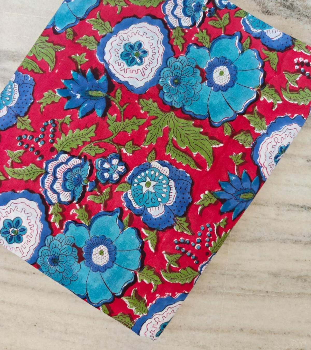 Red Floral Cotton Fabric, Blue Flower Indian Block Print Fabric, Floral Fabric by the Yard, Quilting Sewing Fabric, Handmade Cotton Textile
