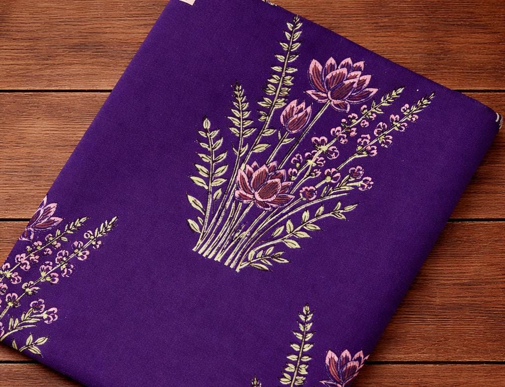 Purple Lotus Floral Cotton Fabric, Hand Block Print Indian Cotton Textile, Botanical Boho Fabric for Quilting Dress, Loose Running Fabric
