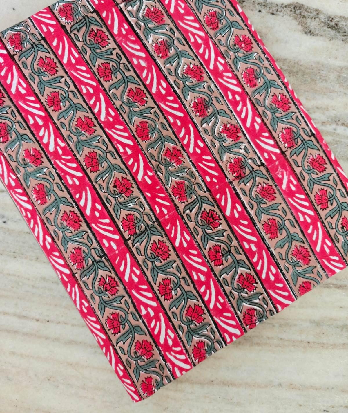 Floral Stripe Cotton Fabric, Red Pink Botanical Border Print, Hand Block Style Cotton, Dressmaking Quilting Craft Fabric Ethnic Textile Yard