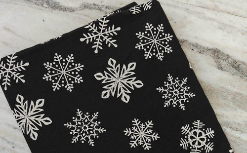 Black Cotton Fabric with White Snowflake Print, Christmas Winter Fabric by the Yard, Quilting, Sewing & Holiday Crafts, Loose Running Fabric