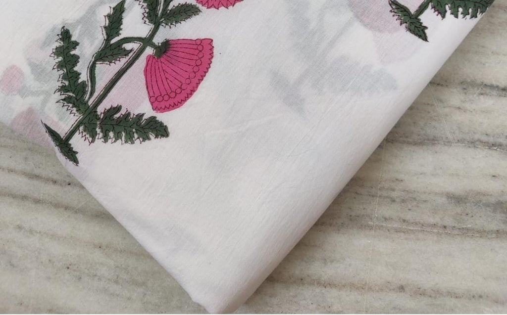 Hand Block Printed Cotton Fabric, White Floral Fabric, Pink Thistle Print Cotton, Soft Lightweight Fabric by Yard, Indian Handmade Textile