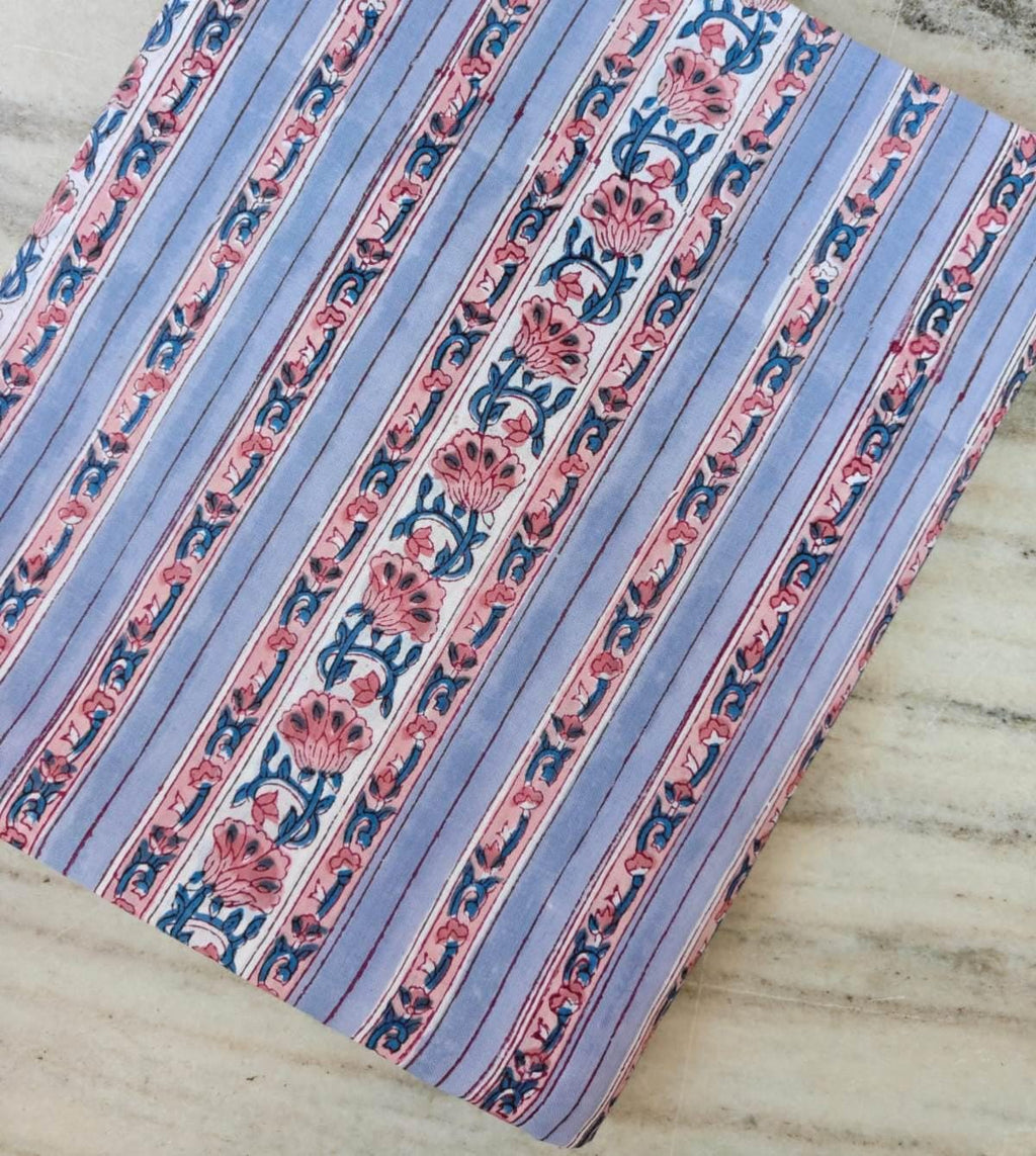 Blue Pink Floral Cotton Fabric, Indian Block Print Fabric, Striped Flower Cotton Fabric, Hand Block Print Style Fabric, Dressmaking Cotton