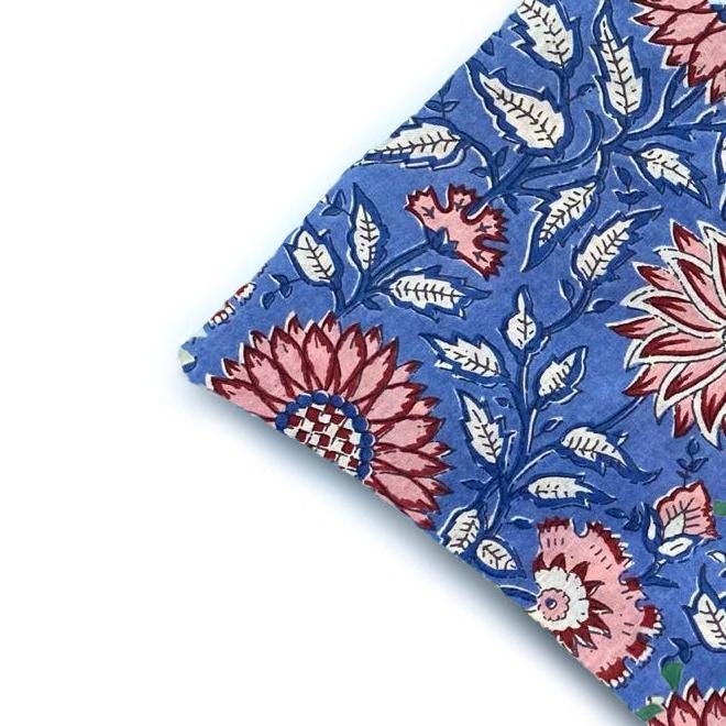 Blue Floral Cushion Cover, Indian Block Print Pillow Cover, Red Pink Flower Throw Pillow, Boho Cottagecore Home Decor, Vintage Cushion Cover