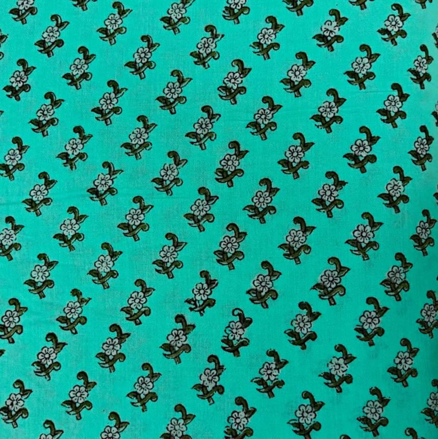Hand Block Printed Cotton Fabric, Turquoise Small Floral Buti Print, Indian Cotton Fabric, Soft Lightweight Fabric for Dressmaking Quilting