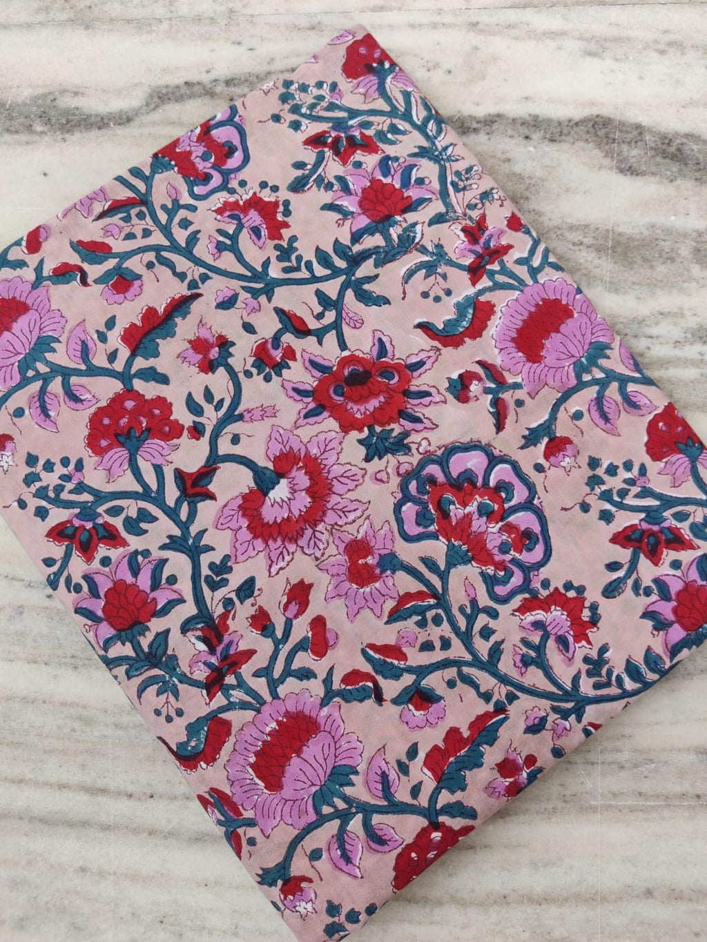 Pink Cotton Fabric with Red & Purple Floral Print, Hand Block Print Fabric by the Yard, Soft Indian Cotton for Quilting, Dressmaking Crafts