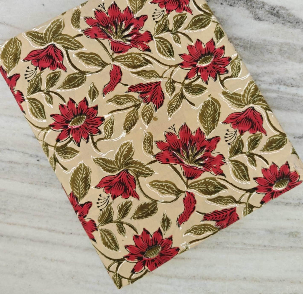 Red Floral Cotton Fabric by the Yard, Red Flower and Olive Green Print Fabric, Traditional Floral Pattern for Dresses, Curtains, Quilts