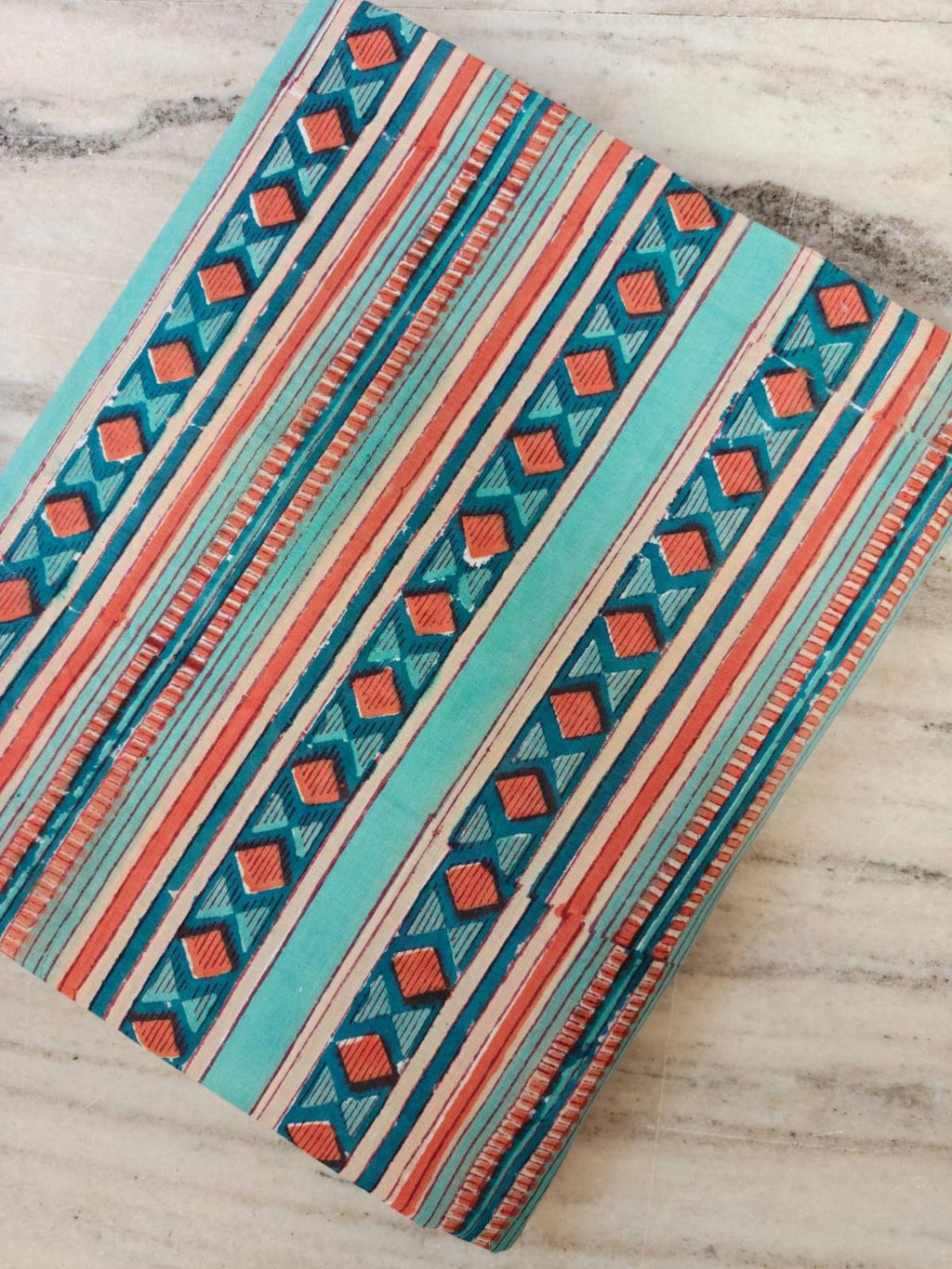 Turquoise Coral Geometric Cotton Fabric, Indian Hand Block Print Cotton Fabric, Southwestern Diamond Stripe Print for Sewing & Quilting