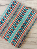 Turquoise Coral Geometric Cotton Fabric, Indian Hand Block Print Cotton Fabric, Southwestern Diamond Stripe Print for Sewing & Quilting