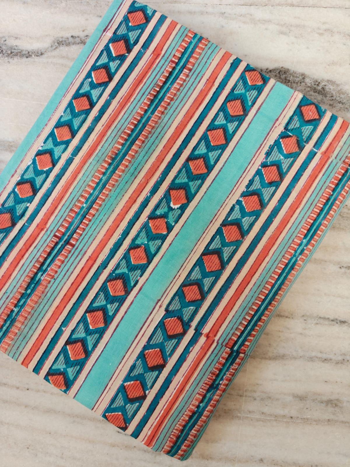 Turquoise Coral Geometric Cotton Fabric, Indian Hand Block Print Cotton Fabric, Southwestern Diamond Stripe Print for Sewing & Quilting