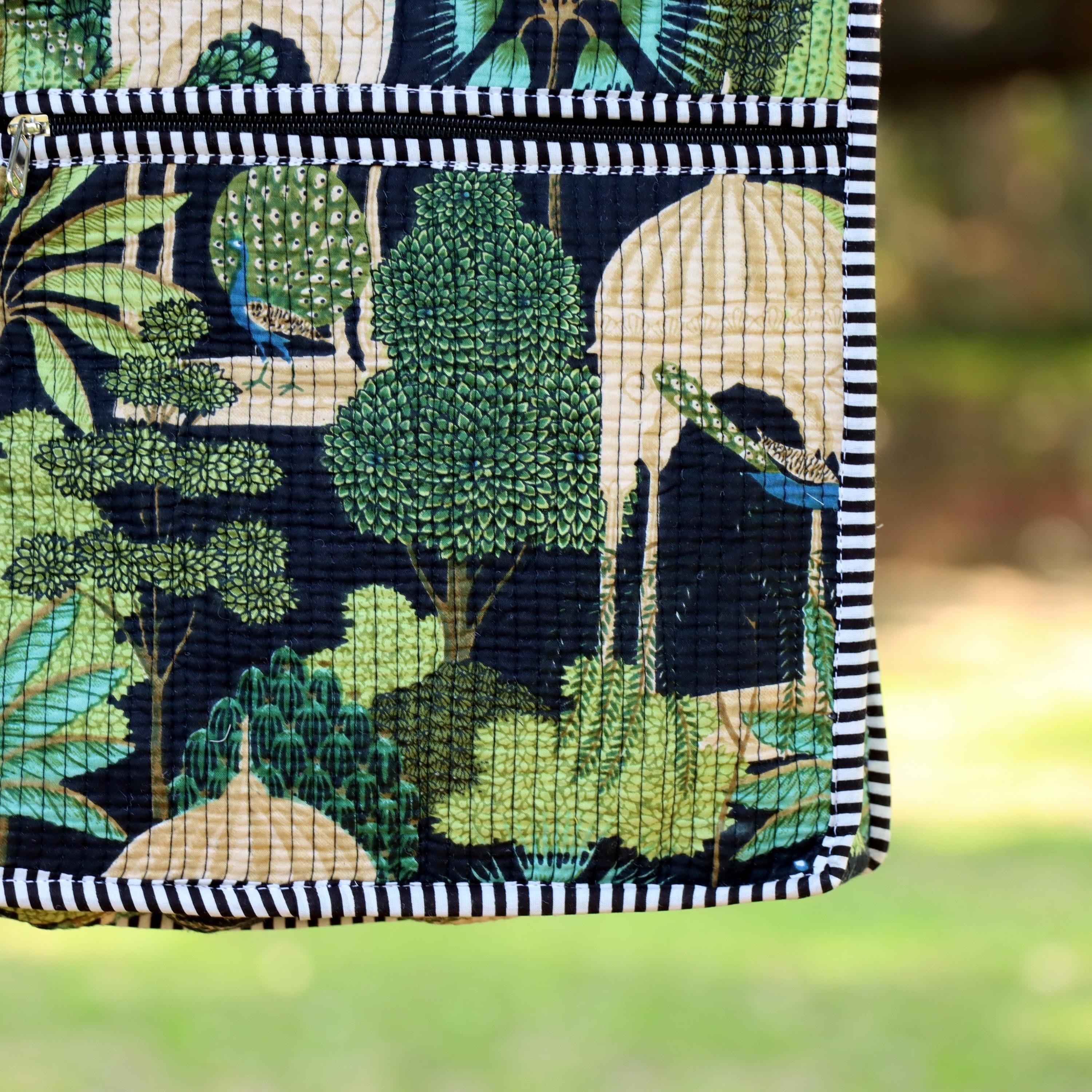 Quilted Crossbody Sling Bag, Handmade Cotton Shoulder Bag, Forest Print Small Travel Pouch, Lightweight Zip Purse for Women Adjustable Strap