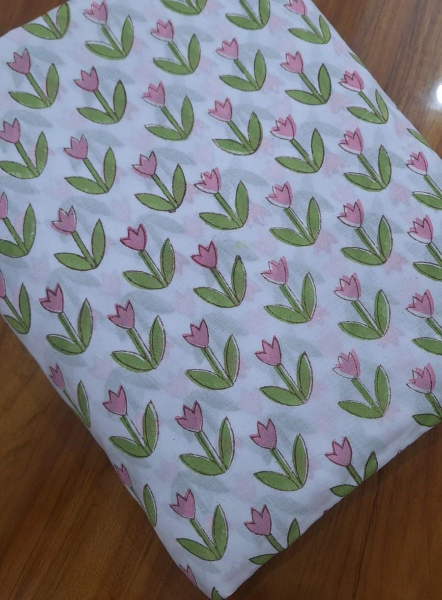Pink Tulip Cotton Fabric, Floral Block Print Fabric, Indian Hand Block Print Cotton by Yard, Spring Flower Fabric, Dressmaking, Craft Fabric