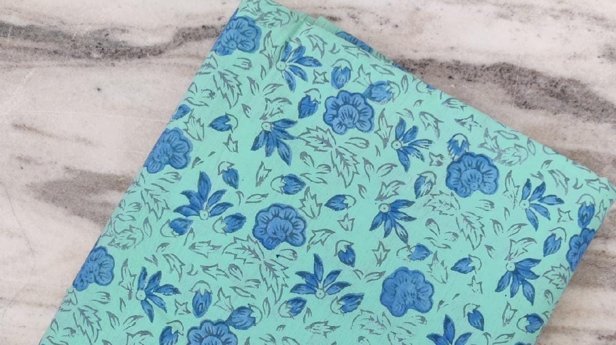 Blue Floral Cotton Fabric by the Yard | Mint Green Hand Block Print Fabric | Indian Soft Cotton for Quilting, Sewing, Dressmaking & Crafts
