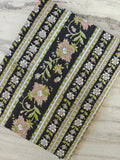 Black Floral Cotton Fabric by the Yard, Vintage Stripe Flower Print, Green Beige Botanical Quilting Sewing Fabric, Curtain Fabric, Napkins