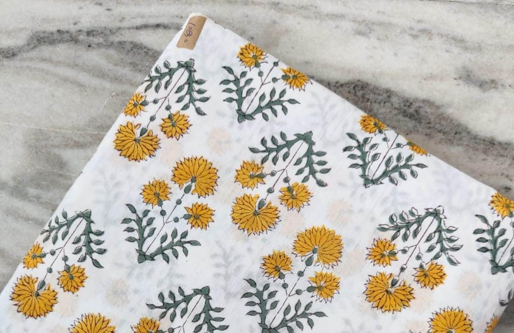 White Cotton Fabric with Yellow Floral Print, Hand Block Print Fabric by the Yard, Soft Indian Cotton for Quilting, Sewing, Dressmaking