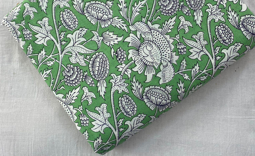 Green Floral Cotton Fabric | Hand Block Print White Flower Pattern | Indian Soft Cotton by the Yard | Sewing, Quilting, Dressmaking Material