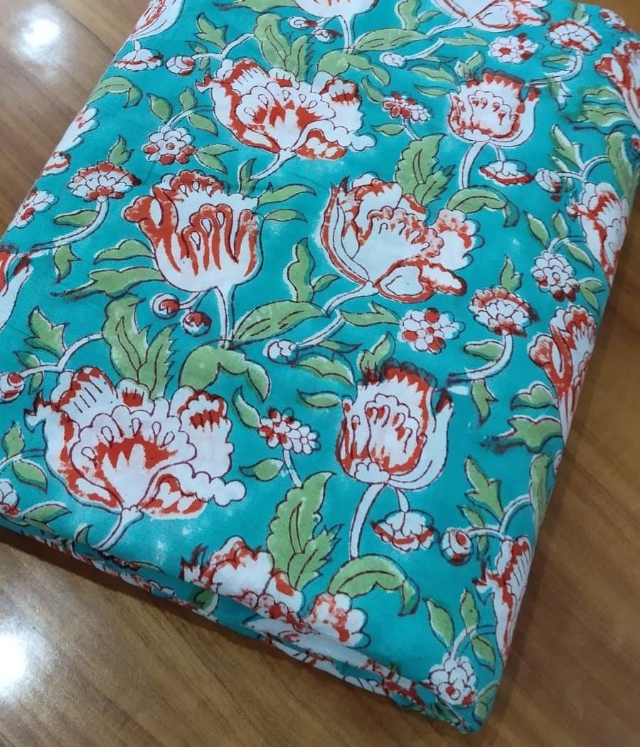 Handmade Hand Block Print Cotton Fabric by the Yard, Turquoise Floral Indian Cotton, Soft Summer Fabric for Dressmaking, Sewing, Curtains