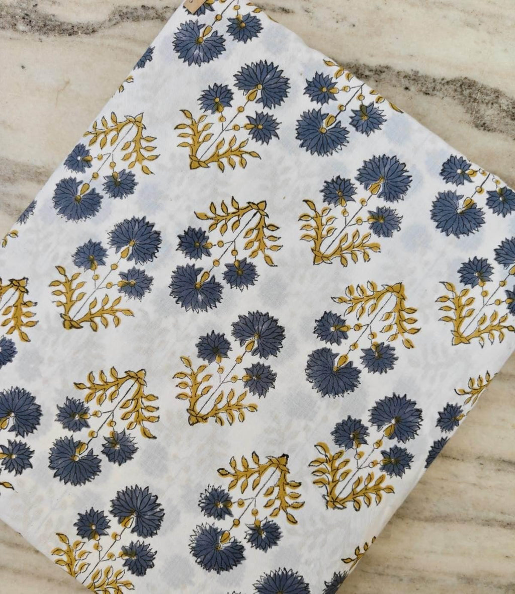 Hand Block Print Cotton Fabric, Blue Floral Fabric, Mustard Yellow Botanical Print, Indian Cotton Fabric by Yard, Soft Lightweight Fabric