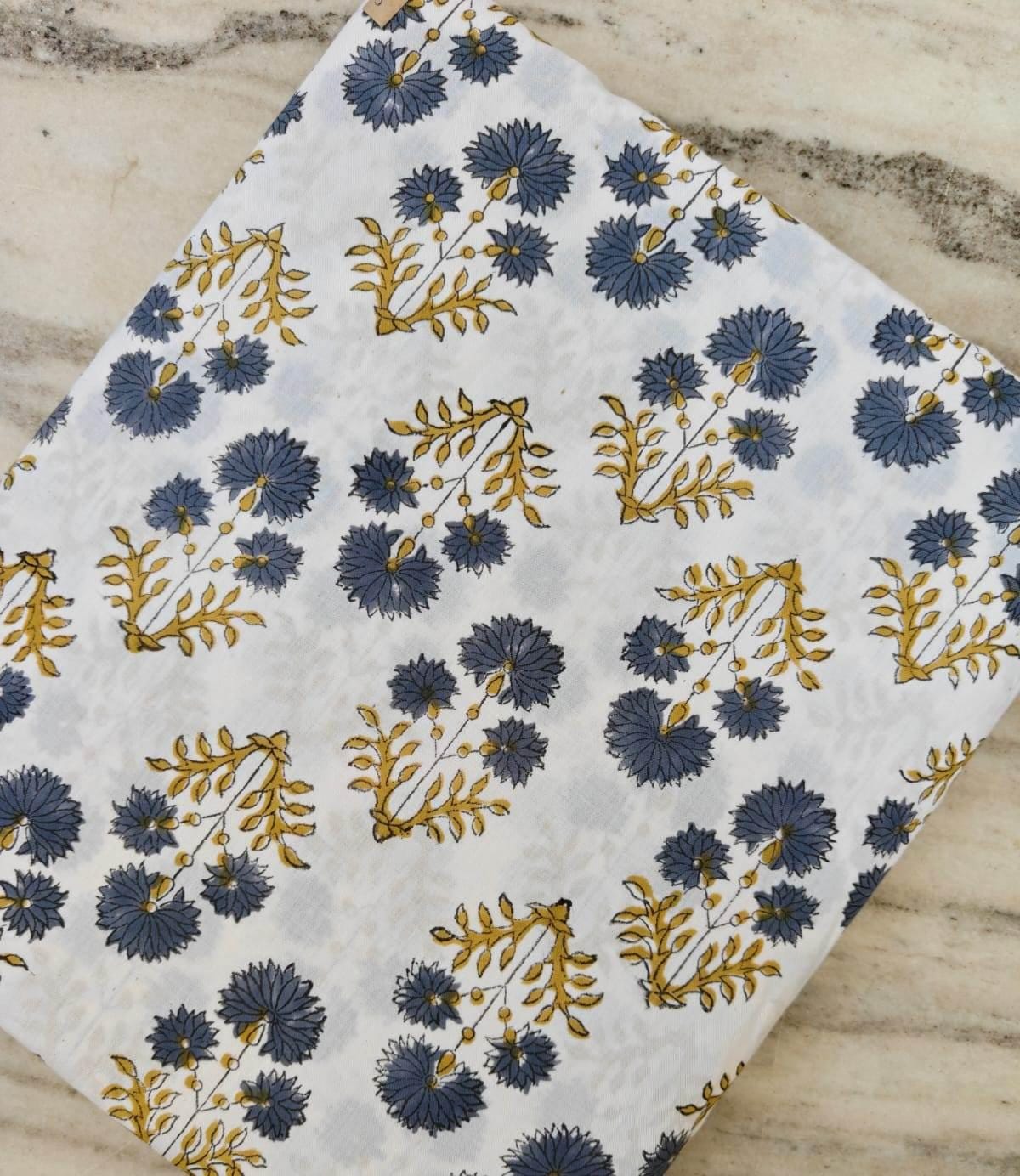 Hand Block Print Cotton Fabric, Blue Floral Fabric, Mustard Yellow Botanical Print, Indian Cotton Fabric by Yard, Soft Lightweight Fabric