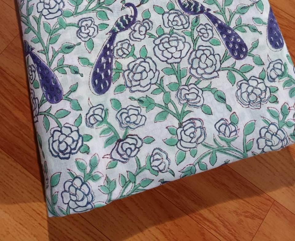 Peacock Designer Hand Block Print Fabric, Floral 100% Cotton Quilting Fabric By The Yard, Fabric For Dress Making, Loose Running Fabric