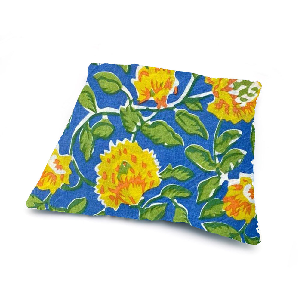Yellow Floral Cotton Cushion Cover | Hand Block Print Pillow Case | Blue Boho Sofa Decor | Decorative Square Cushion  | Christmas Gifts