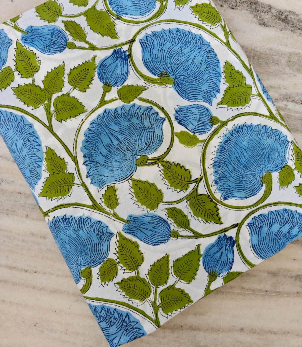 Blue Floral Cotton Fabric, Hand Block Print Indian Cotton White Background with Green Vines Quilting, Dressmaking & Craft Fabric by the Yard