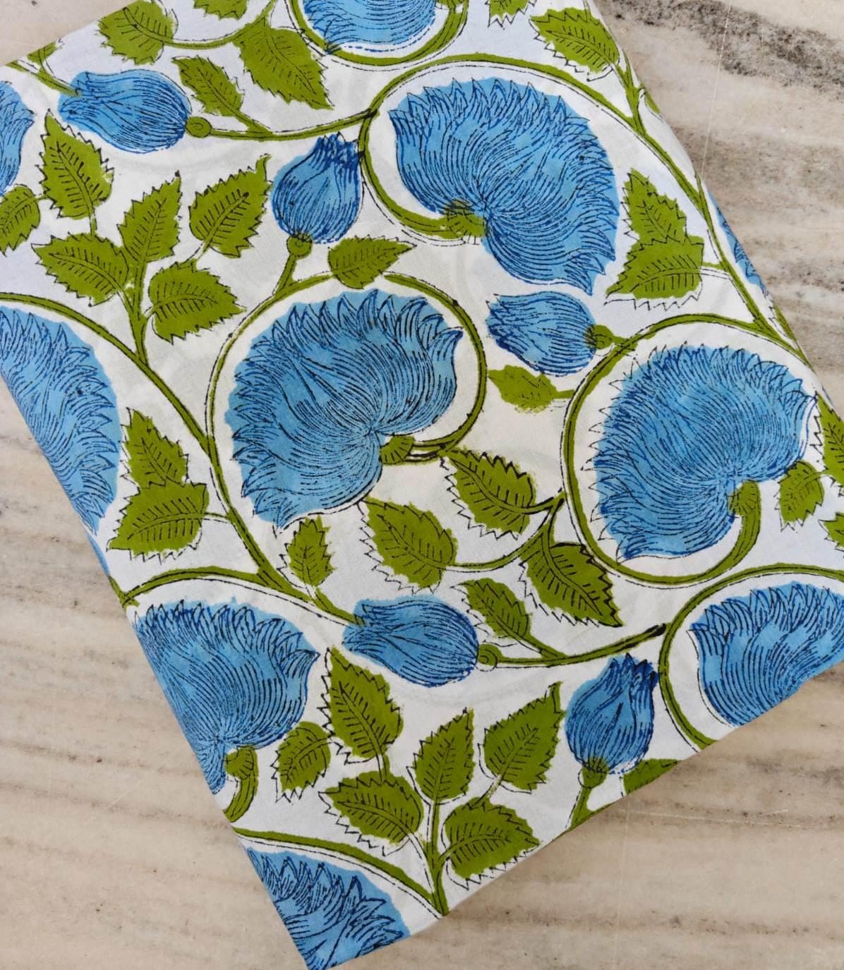 Blue Floral Cotton Fabric, Hand Block Print Indian Cotton White Background with Green Vines Quilting, Dressmaking & Craft Fabric by the Yard